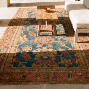 Antique Turkish Oushak Rug 3'×7' Teal Blue, Pumpkin Border, Circa 1900 (SKU 18955) - styled overhead view