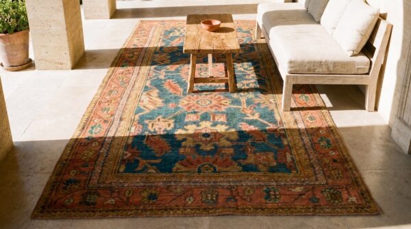 Antique turkish oushak rug 3'×7' teal blue, pumpkin border, circa 1900 (sku 18955) - styled overhead view