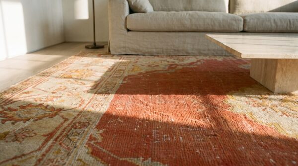 Antique turkish oushak carpet 10'×13' orange medallion, 1880s 12 Antique turkish oushak carpet 10'×13' orange medallion, 1880s (sku 19271) - in-room detail