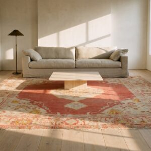 Antique Turkish Oushak Carpet 10'×13' Orange Medallion, 1880s (SKU 19271) - styled overhead view