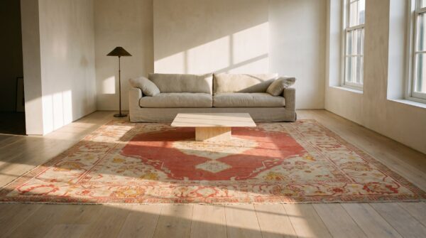 Antique turkish oushak carpet 10'×13' orange medallion, 1880s 2 Antique turkish oushak carpet 10'×13' orange medallion, 1880s (sku 19271) - styled overhead view