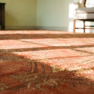 Antique Turkish Oushak Carpet 17'×19' Soft Pink Field, Purple Border, Decorative Oversized, Circa 1900 (SKU 20135) - in-room detail
