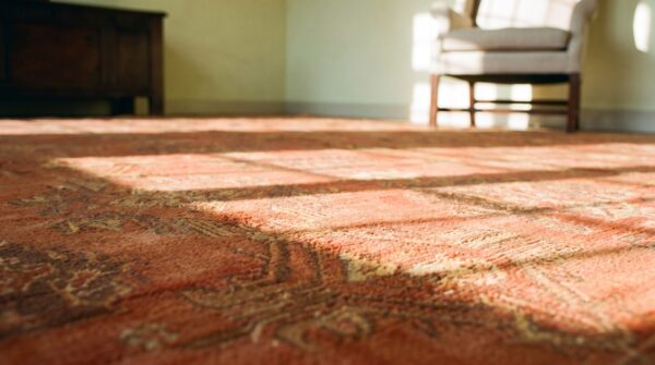 Antique turkish oushak carpet 17'×19' soft pink field, purple border, decorative oversized, circa 1900 10 Antique turkish oushak carpet 17'×19' soft pink field, purple border, decorative oversized, circa 1900 (sku 20135) - in-room detail