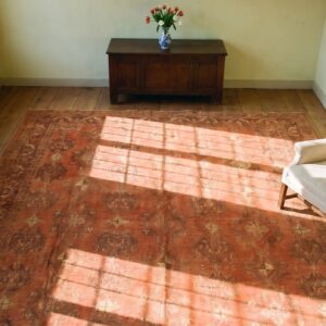 Antique Turkish Oushak Carpet 17'×19' Soft Pink Field, Purple Border, Decorative Oversized, Circa 1900 (SKU 20135) - styled overhead view