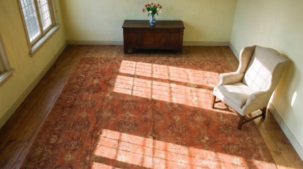 Antique turkish oushak carpet 17'×19' soft pink field, purple border, decorative oversized, circa 1900 2 Antique turkish oushak carpet 17'×19' soft pink field, purple border, decorative oversized, circa 1900 (sku 20135) - styled overhead view