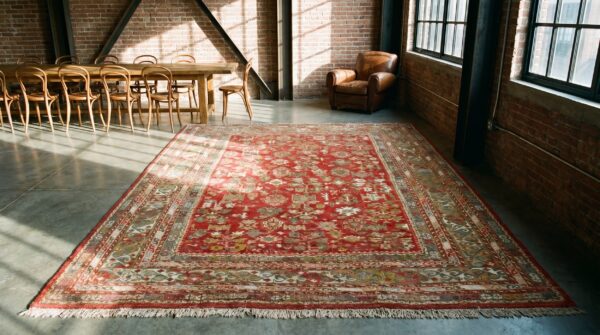 Antique turkish oushak coral rug - rustic village pattern 7 Antique turkish oushak coral rug - rustic village pattern (sku 19022) - room view