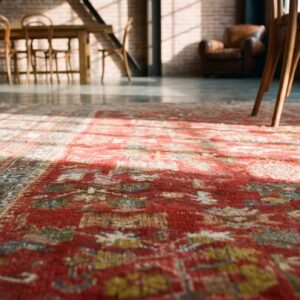 Antique Turkish Oushak Coral Rug - Rustic Village Pattern (SKU 19022) - in-room detail