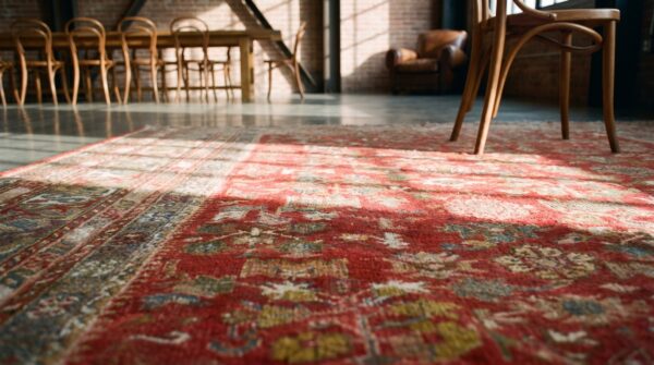 Antique turkish oushak coral rug - rustic village pattern 8 Antique turkish oushak coral rug - rustic village pattern (sku 19022) - in-room detail