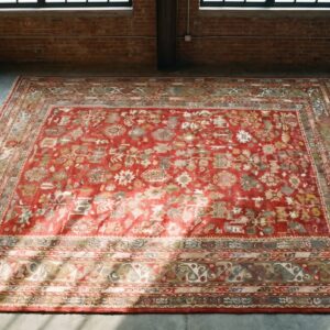 Antique Turkish Oushak Coral Rug - Rustic Village Pattern (SKU 19022) - styled overhead view