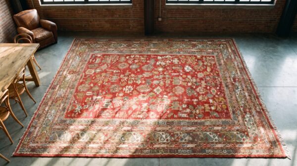 Antique turkish oushak coral rug - rustic village pattern 2 Antique turkish oushak coral rug - rustic village pattern (sku 19022) - styled overhead view