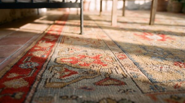 Antique turkish oushak room size wool warm rustic large scale rug 6 Antique turkish oushak room size wool warm rustic large scale rug (sku 24684) - in-room detail