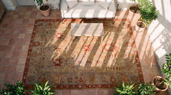 Antique turkish oushak room size wool warm rustic large scale rug 2 Antique turkish oushak room size wool warm rustic large scale rug (sku 24684) - styled overhead view