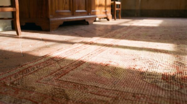 Antique turkish oushak runner 3'×12' rose medallion, hand-knotted wool, 1920s 10 Antique turkish oushak runner 3'×12' rose medallion, hand-knotted wool, 1920s (sku 18967) - in-room detail