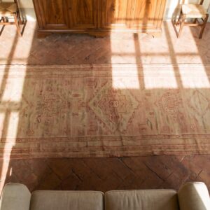 Antique Turkish Oushak Runner 3'×12' Rose Medallion, Hand-Knotted Wool, 1920s (SKU 18967) - styled overhead view