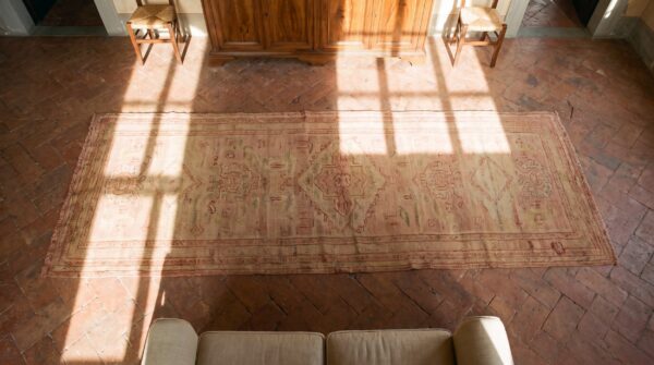 Antique turkish oushak runner 3'×12' rose medallion, hand-knotted wool, 1920s 2 Antique turkish oushak runner 3'×12' rose medallion, hand-knotted wool, 1920s (sku 18967) - styled overhead view