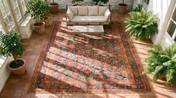 Antique turkish smyrna oushak carpet 15'6"×19'10" navy & red, early 19th century, circa 1820 2 Antique turkish smyrna oushak carpet 15'6"×19'10" navy & red, early 19th century, circa 1820 (sku 23402) - styled overhead view