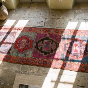 Antique Turkish Yuruk Hallway Runner Rug - Jewel Tone Tribal Geometric (SKU 20875) - styled overhead view