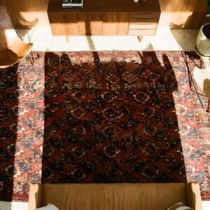 Antique Turkmaan - Tekke Turkmenistan Coral 1900s Rug (SKU 25671) - styled overhead view