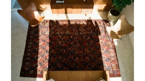 Antique turkmaan - tekke turkmenistan coral 1900s rug 2 Antique turkmaan - tekke turkmenistan coral 1900s rug (sku 25671) - styled overhead view