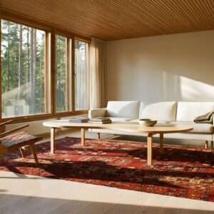 Antique Turkmaan - Tekke Turkmenistan Geometric Knotted Red Rug (SKU 24398) - styled overhead view