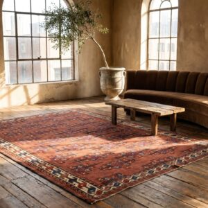 Antique Turkmen Yamoud Hand Knotted Wool Pile Tribal Coral Rug (SKU 19033) - room view