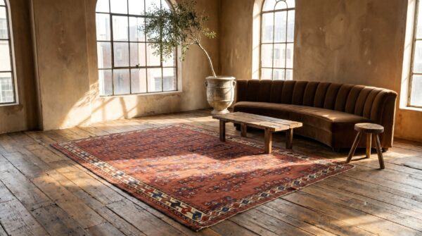 Antique turkmen yamoud hand knotted wool pile tribal coral rug 6 Antique turkmen yamoud hand knotted wool pile tribal coral rug (sku 19033) - room view