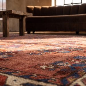 Antique Turkmen Yamoud Hand Knotted Wool Pile Tribal Coral Rug (SKU 19033) - in-room detail
