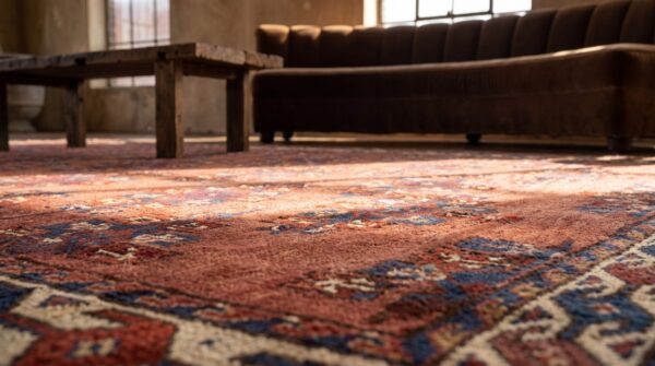 Antique turkmen yamoud hand knotted wool pile tribal coral rug 7 Antique turkmen yamoud hand knotted wool pile tribal coral rug (sku 19033) - in-room detail