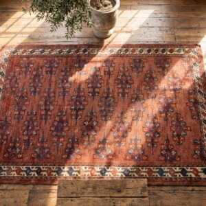 Antique Turkmen Yamoud Hand Knotted Wool Pile Tribal Coral Rug (SKU 19033) - styled overhead view