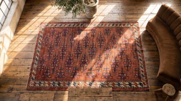 Antique turkmen yamoud hand knotted wool pile tribal coral rug 2 Antique turkmen yamoud hand knotted wool pile tribal coral rug (sku 19033) - styled overhead view