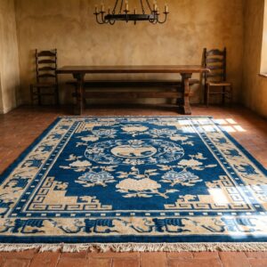 Antique Turn of The 19th Century Foo Dog Medallion Chinese Blue Color Ningxia Rug (SKU 20978) - room view