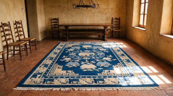 Antique turn of the 19th century foo dog medallion chinese blue color ningxia rug 12 Antique turn of the 19th century foo dog medallion chinese blue color ningxia rug (sku 20978) - room view