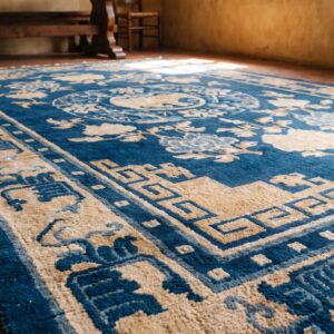 Antique Turn of The 19th Century Foo Dog Medallion Chinese Blue Color Ningxia Rug (SKU 20978) - in-room detail