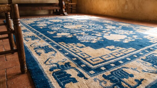 Antique turn of the 19th century foo dog medallion chinese blue color ningxia rug 13 Antique turn of the 19th century foo dog medallion chinese blue color ningxia rug (sku 20978) - in-room detail