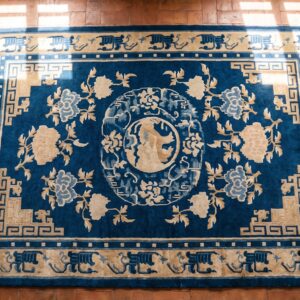 Antique Turn of The 19th Century Foo Dog Medallion Chinese Blue Color Ningxia Rug (SKU 20978) - styled overhead view