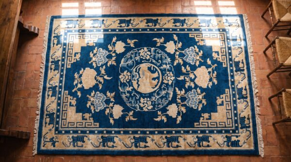 Antique turn of the 19th century foo dog medallion chinese blue color ningxia rug 2 Antique turn of the 19th century foo dog medallion chinese blue color ningxia rug (sku 20978) - styled overhead view