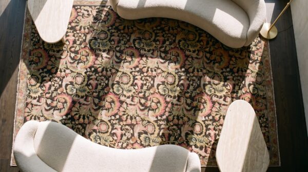 Antique ukraine allover floral hand knotted pile rug 2 Antique ukraine allover floral hand knotted pile rug (sku 22550) - styled overhead view