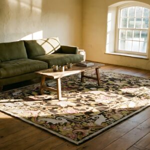 Antique Ukrainian Pile Carpet 7'3"×9'3" Chocolate Brown & Moss Green, Floral Roses, 1860s (SKU 18756) - room view