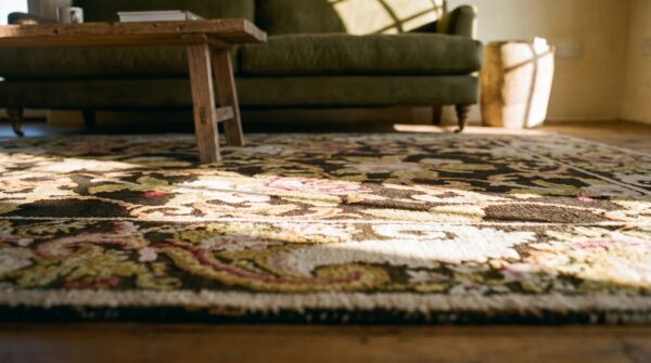 Antique ukrainian pile carpet 7'3"×9'3" chocolate brown & moss green, floral roses, 1860s (sku 18756) - in-room detail