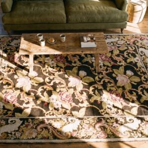 Antique Ukrainian Pile Carpet 7'3"×9'3" Chocolate Brown & Moss Green, Floral Roses, 1860s (SKU 18756) - styled overhead view