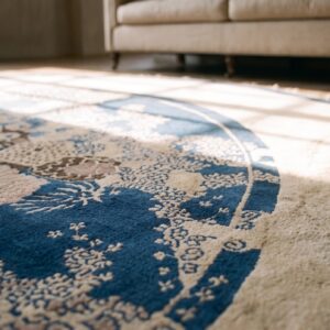 Unique Artistic Antique Chinese Peking Soft Blue Round Peking Pile Rug (SKU 21269) - in-room detail