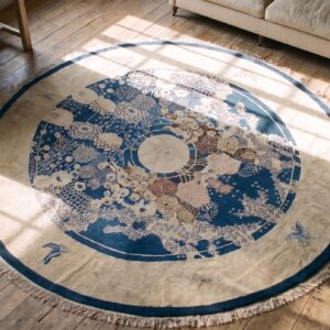 Unique Artistic Antique Chinese Peking Soft Blue Round Peking Pile Rug (SKU 21269) - styled overhead view