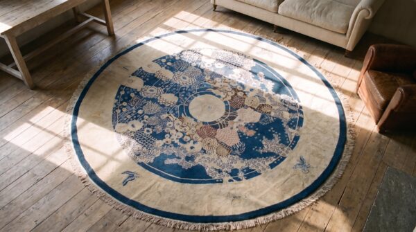 Unique artistic antique chinese peking soft blue round peking pile rug 2 Unique artistic antique chinese peking soft blue round peking pile rug (sku 21269) - styled overhead view