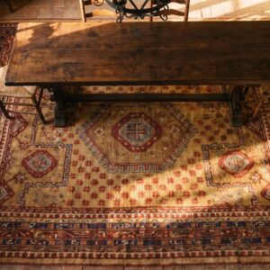 Unique Hexagonal Medallion Design Antique Tribal Turkish Oushak Rug (SKU 18369) - styled overhead view