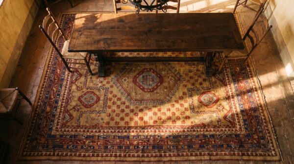Unique hexagonal medallion design antique tribal turkish oushak rug 2 Unique hexagonal medallion design antique tribal turkish oushak rug (sku 18369) - styled overhead view