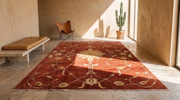Unusual artistic large scale pattern antique persian coral color sultanabad rug 6 Unusual artistic large scale pattern antique persian coral color sultanabad rug (sku 18275) - room view