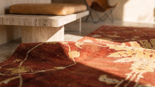 Unusual artistic large scale pattern antique persian coral color sultanabad rug 7 Unusual artistic large scale pattern antique persian coral color sultanabad rug (sku 18275) - in-room detail