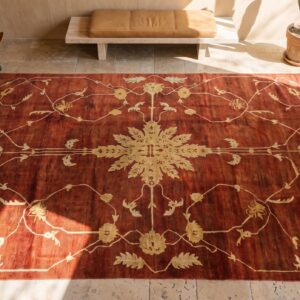 Unusual Artistic Large Scale Pattern Antique Persian Coral Color Sultanabad Rug (SKU 18275) - styled overhead view