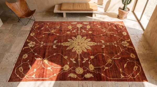 Unusual artistic large scale pattern antique persian coral color sultanabad rug 2 Unusual artistic large scale pattern antique persian coral color sultanabad rug (sku 18275) - styled overhead view