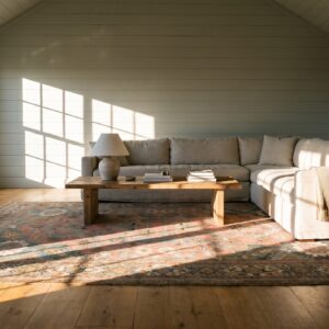 Unusual Antique Coral Wool Pile Tribal Design Caucasian Hand Knotted Rug (SKU 25127) - room view